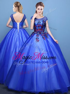 Sophisticated Scoop Royal Blue Lace Up 15th Birthday Dress Appliques Cap Sleeves Floor Length