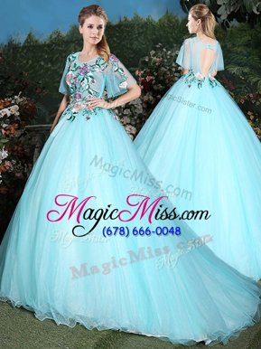 Sophisticated Aqua Blue Ball Gowns Scoop Half Sleeves Tulle Brush Train Lace Up Appliques Sweet 16 Dress