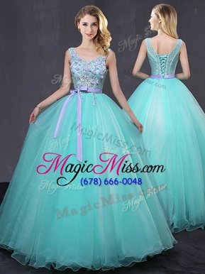 Floor Length Aqua Blue Quinceanera Gown Scoop Sleeveless Lace Up
