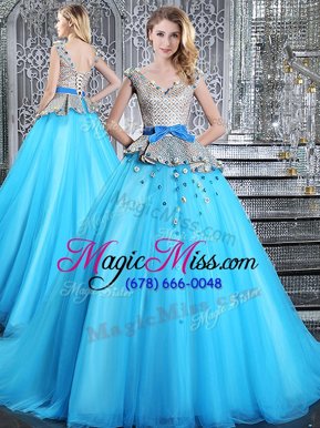 Gorgeous Baby Blue Sleeveless Tulle Brush Train Lace Up Vestidos de Quinceanera for Military Ball and Sweet 16 and Quinceanera