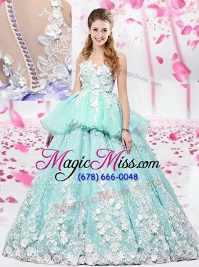 Hot Selling Organza and Tulle Scoop Sleeveless Lace Up Lace and Appliques Vestidos de Quinceanera in Apple Green