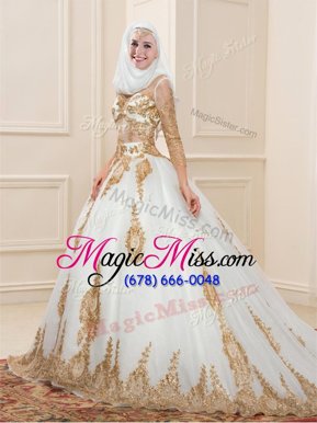 Artistic White Zipper V-neck Appliques Quinceanera Dress Tulle 3|4 Length Sleeve Sweep Train