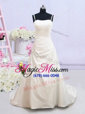Exquisite White Sleeveless Ruching Zipper Wedding Gowns