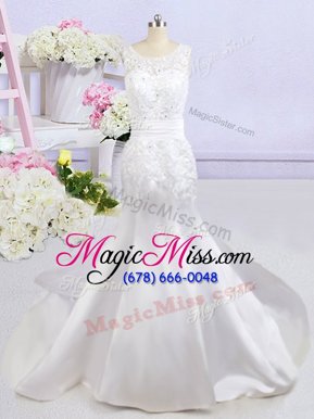 Colorful Court Train Mermaid Wedding Dress White Scoop Satin Sleeveless Backless