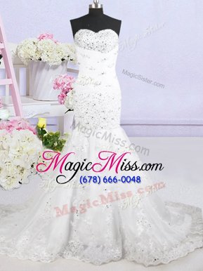 Trendy Mermaid Tulle Sleeveless With Train Wedding Gowns Brush Train and Beading and Lace and Appliques