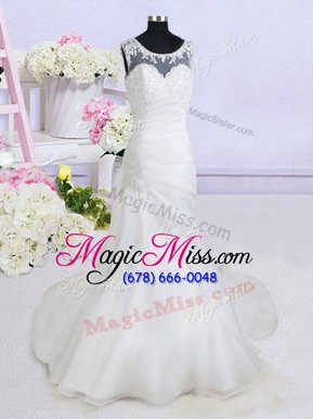 Nice Scoop See Through White Sleeveless With Train Beading and Appliques Backless Wedding Dress