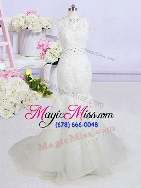 Admirable White Mermaid Beading and Appliques Bridal Gown Backless Organza Sleeveless With Train