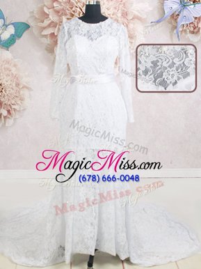 Decent Scoop Lace Beading and Belt Wedding Gowns White Zipper Long Sleeves With Brush Train