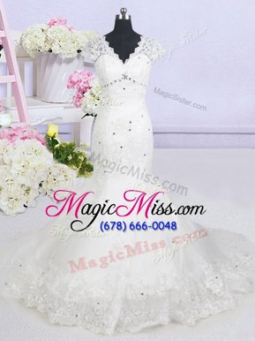 Latest Mermaid White Tulle Lace Up V-neck Cap Sleeves With Train Wedding Gown Brush Train Beading and Lace