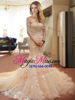 Pretty Mermaid Champagne Tulle Lace Up Bridal Gown Sleeveless With Train Court Train Appliques and Hand Made Flower