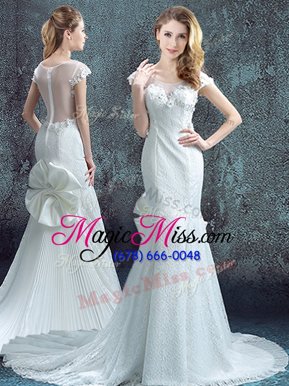 Free and Easy Mermaid Scoop Pleated White Short Sleeves Chiffon and Lace Brush Train Zipper Wedding Dress for Wedding Party