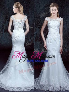 Perfect Mermaid Scoop Cap Sleeves Brush Train Lace Lace Up Bridal Gown