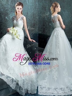 With Train White Bridal Gown V-neck Sleeveless Brush Train Lace Up