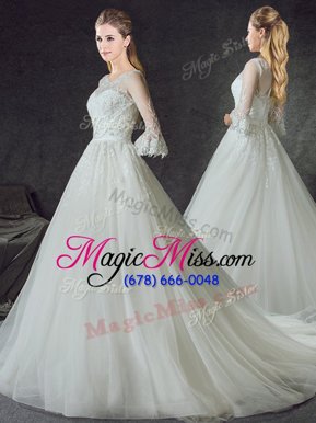 Edgy Scoop 3|4 Length Sleeve Court Train Zipper With Train Lace Wedding Gowns