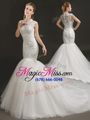Glittering Mermaid White Tulle Zipper Wedding Dress Sleeveless With Train Court Train Lace and Appliques
