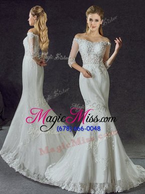 Extravagant Mermaid White Wedding Gown Wedding Party and For with Lace and Appliques Off The Shoulder Half Sleeves Brush Train Lace Up
