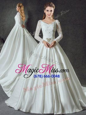 Best With Train Ball Gowns Long Sleeves White Wedding Dress Chapel Train Lace Up