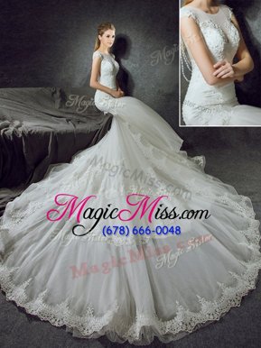 Pretty Mermaid White Side Zipper Scoop Lace Wedding Gowns Tulle Sleeveless Court Train