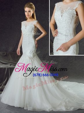 Modern Mermaid Scoop Sleeveless With Train Lace and Appliques Side Zipper Wedding Gown with White Chapel Train