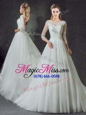 Exceptional White A-line Tulle Scoop 3|4 Length Sleeve Lace Lace Up Wedding Gowns Court Train
