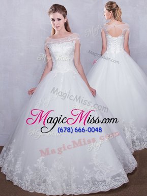 Beautiful Scoop Cap Sleeves Lace Up Floor Length Lace Wedding Gown