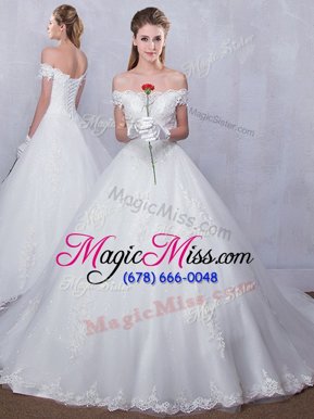 Perfect Scalloped White Sleeveless Tulle Court Train Lace Up Wedding Gowns for Wedding Party