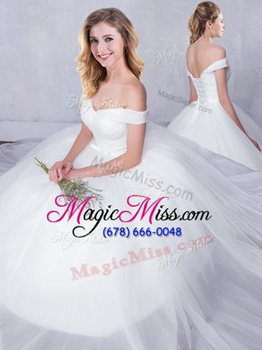 Dramatic Off the Shoulder Floor Length White Wedding Dress Tulle Sleeveless Bowknot