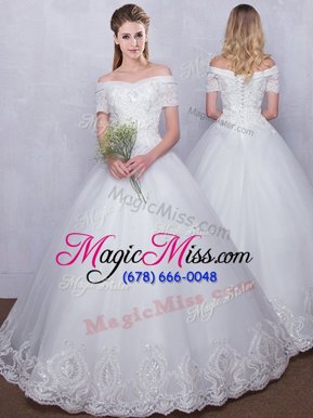 Superior Off the Shoulder Short Sleeves Floor Length Lace Up Wedding Gown White and In for Wedding Party with Lace