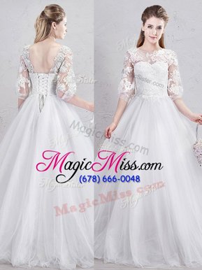 Fabulous Scoop Half Sleeves Tulle Floor Length Lace Up Bridal Gown in White for with Lace and Appliques