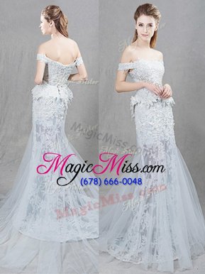 Edgy Off the Shoulder With Train Mermaid Sleeveless White Bridal Gown Brush Train Lace Up