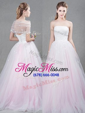 Unique Strapless Sleeveless Wedding Dresses With Brush Train Appliques Pink Tulle
