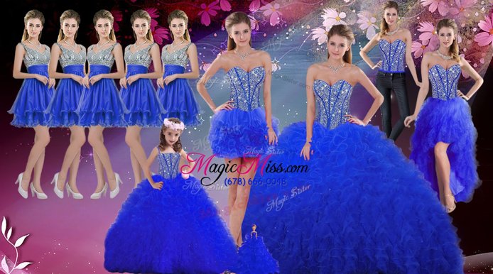 Shining Floor Length Royal Blue Vestidos de Quinceanera Tulle Sleeveless Beading and Ruffles