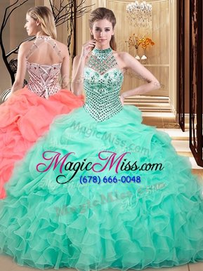 Chic Halter Top Apple Green Lace Up Quince Ball Gowns Beading and Ruffles and Pick Ups Sleeveless Floor Length
