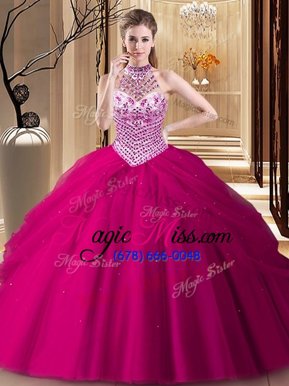 Hot Selling Halter Top Tulle Sleeveless With Train Sweet 16 Dresses Brush Train and Beading and Pick Ups