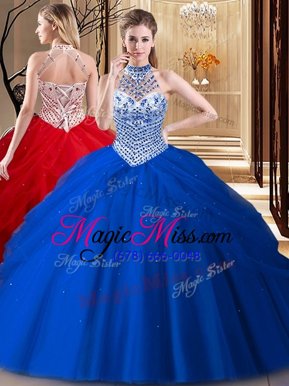 New Arrival Halter Top Royal Blue Tulle Lace Up 15 Quinceanera Dress Sleeveless With Brush Train Beading and Pick Ups