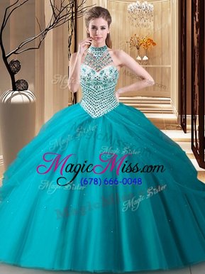 Luxurious Halter Top Sleeveless Ball Gown Prom Dress Brush Train Beading and Pick Ups Teal Tulle