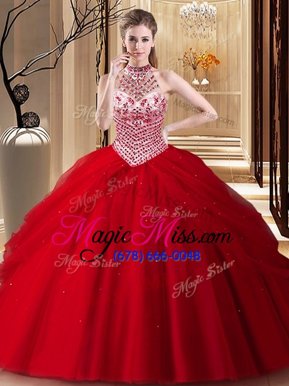 Stylish Halter Top Sleeveless Brush Train Beading and Pick Ups Lace Up 15 Quinceanera Dress