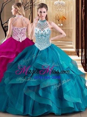 Super Halter Top Sleeveless With Train Beading and Ruffles Lace Up Quinceanera Dresses with Teal Brush Train