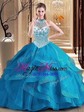 Amazing Halter Top Blue Tulle Lace Up Quinceanera Dresses Sleeveless With Brush Train Beading and Ruffles