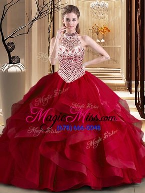 Graceful Wine Red Tulle Lace Up Halter Top Sleeveless With Train Sweet 16 Dresses Brush Train Beading and Ruffles