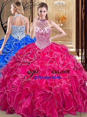 Shining Halter Top Floor Length Lace Up Quinceanera Dress Hot Pink and In for Military Ball and Sweet 16 and Quinceanera with Beading and Ruffles