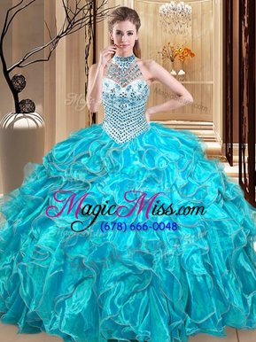 Custom Made Halter Top Beading and Ruffles Sweet 16 Dress Aqua Blue Lace Up Sleeveless Floor Length