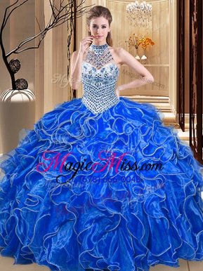 Fantastic Royal Blue Halter Top Neckline Beading and Ruffles Sweet 16 Quinceanera Dress Sleeveless Lace Up