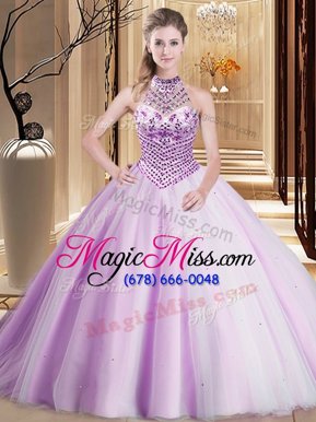 Luxurious Tulle Halter Top Sleeveless Brush Train Lace Up Beading Quinceanera Dress in Lilac