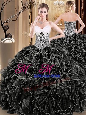 Fantastic Black Quinceanera Gowns Military Ball and Sweet 16 and Quinceanera and For with Ruffles and Pattern Sweetheart Sleeveless Lace Up