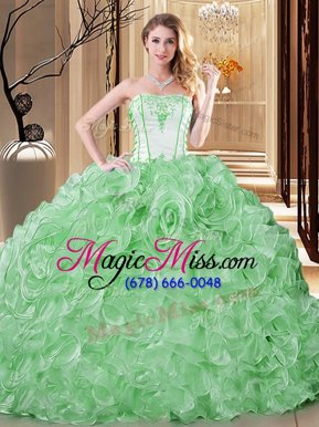 Designer White and Green Sleeveless Floor Length Embroidery and Ruffles Lace Up Sweet 16 Dress