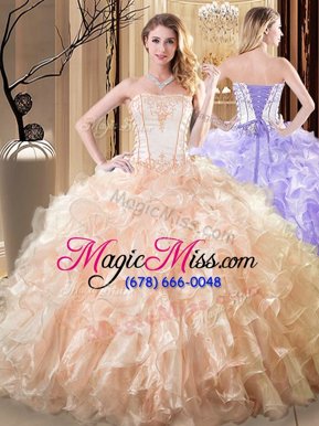 Enchanting White and Yellow 15th Birthday Dress Military Ball and Sweet 16 and Quinceanera and For with Embroidery and Ruffles Strapless Sleeveless Lace Up