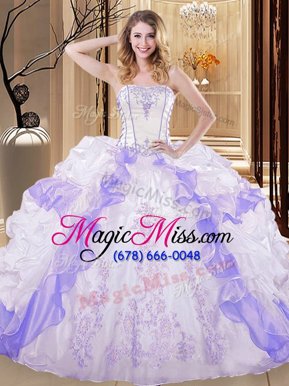 Lovely Floor Length Lace Up Ball Gown Prom Dress White and Purple and In for Military Ball and Sweet 16 and Quinceanera with Embroidery and Ruffled Layers