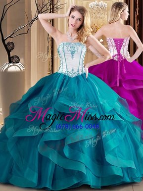 Attractive White and Teal Tulle Lace Up Quinceanera Gown Sleeveless Floor Length Embroidery