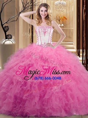 Hot Selling Strapless Sleeveless 15th Birthday Dress Floor Length Embroidery White and Rose Pink Tulle